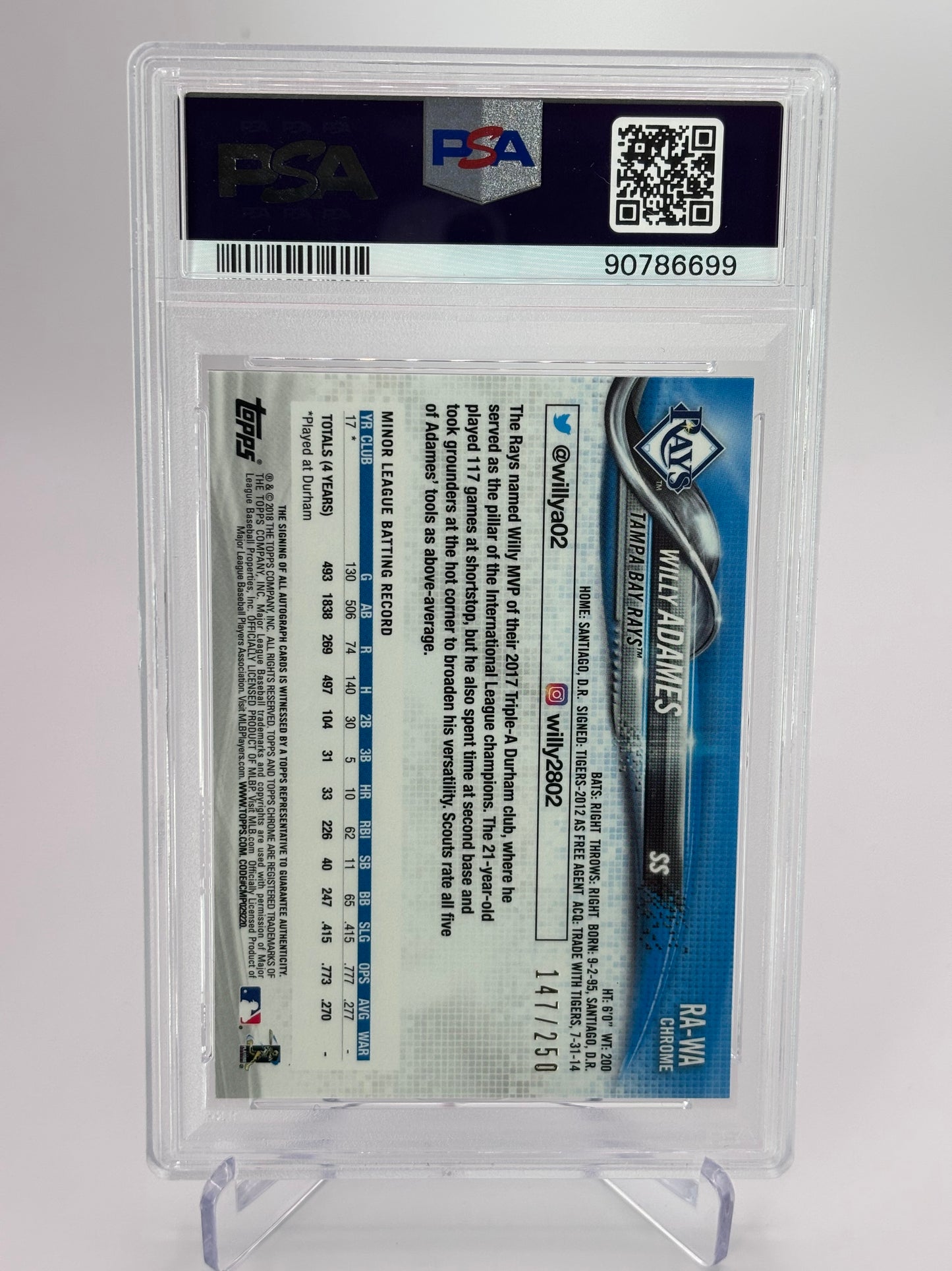 Willy Adames 2018 Topps Chrome Purple Refractor Auto RC #147/250 PSA 8